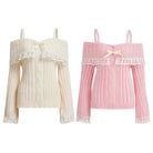 Pink Knit Princess Sweater with Off - the - Shoulder Design and Accents - Cosparty