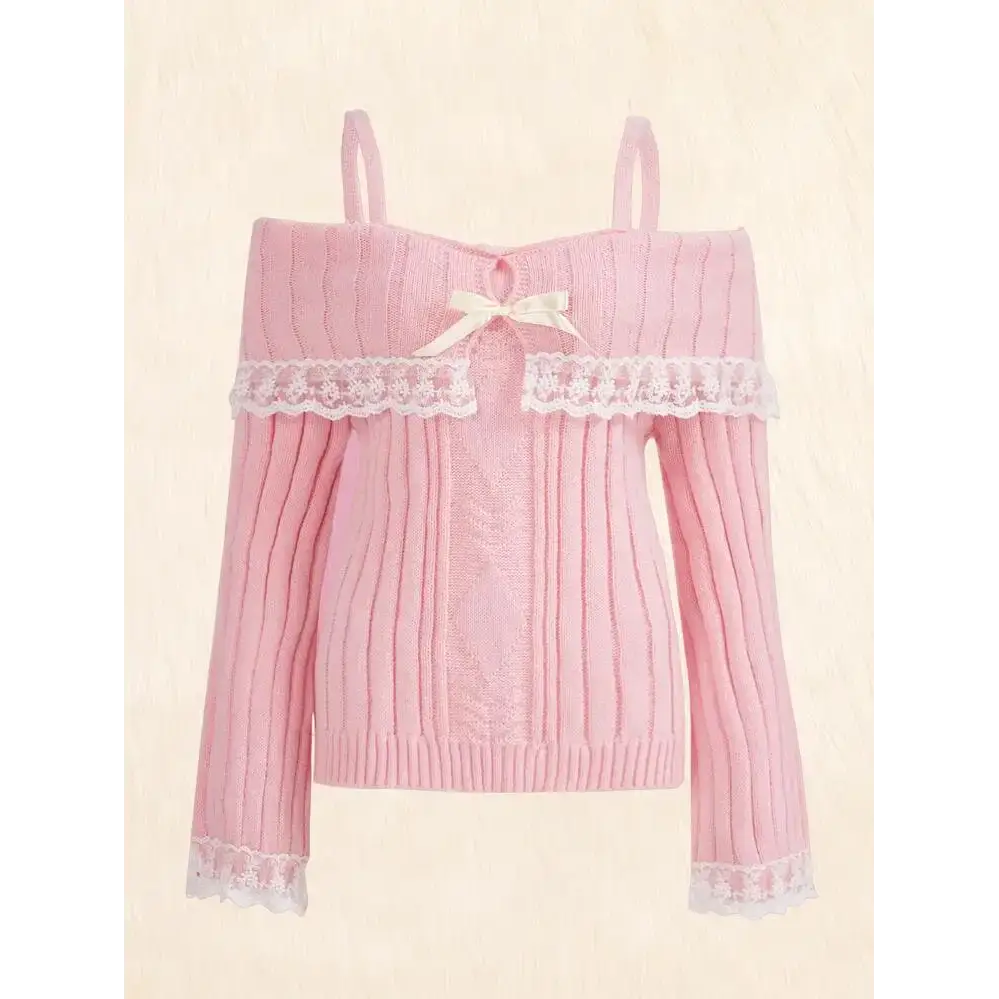 Pink Knit Princess Sweater with Off-the-Shoulder Design and Accents - Pink / S - sweater