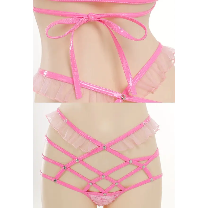 Pink Latex and Fur Harness Lingerie Set for Bold Bedroom Style - lingerie