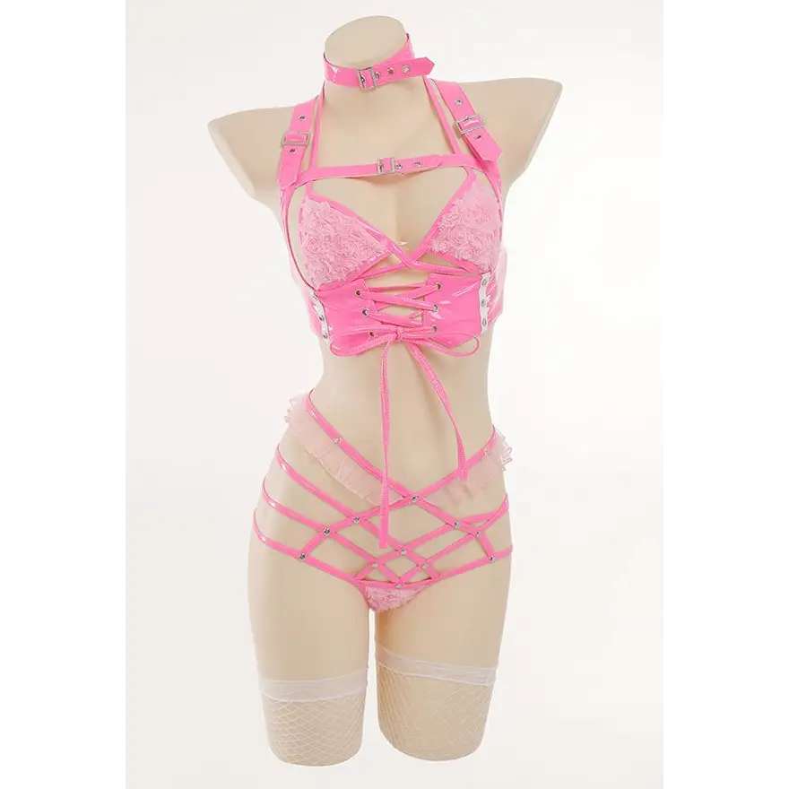 Pink Latex and Fur Harness Lingerie Set for Bold Bedroom Style - lingerie