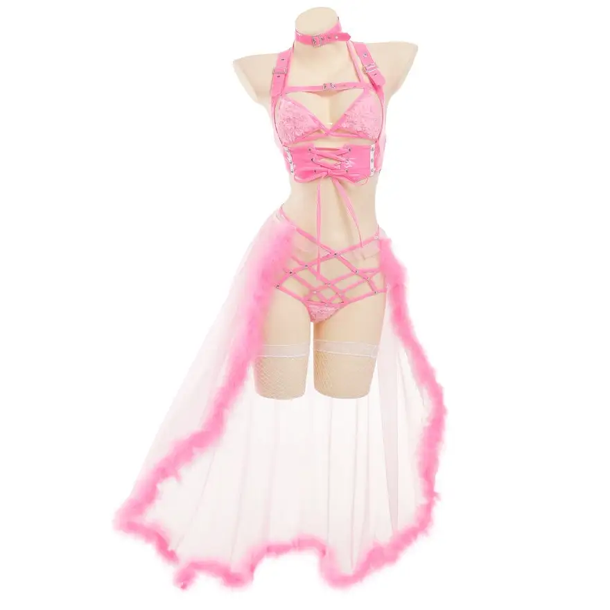 Pink Latex and Fur Harness Lingerie Set for Bold Bedroom Style - lingerie