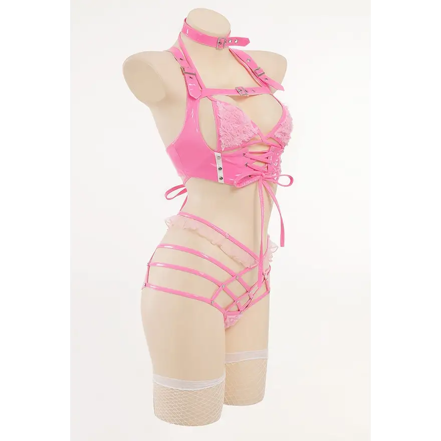 Pink Latex and Fur Harness Lingerie Set for Bold Bedroom Style - lingerie