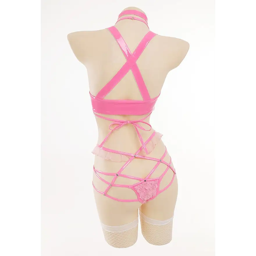 Pink Latex and Fur Harness Lingerie Set for Bold Bedroom Style - lingerie