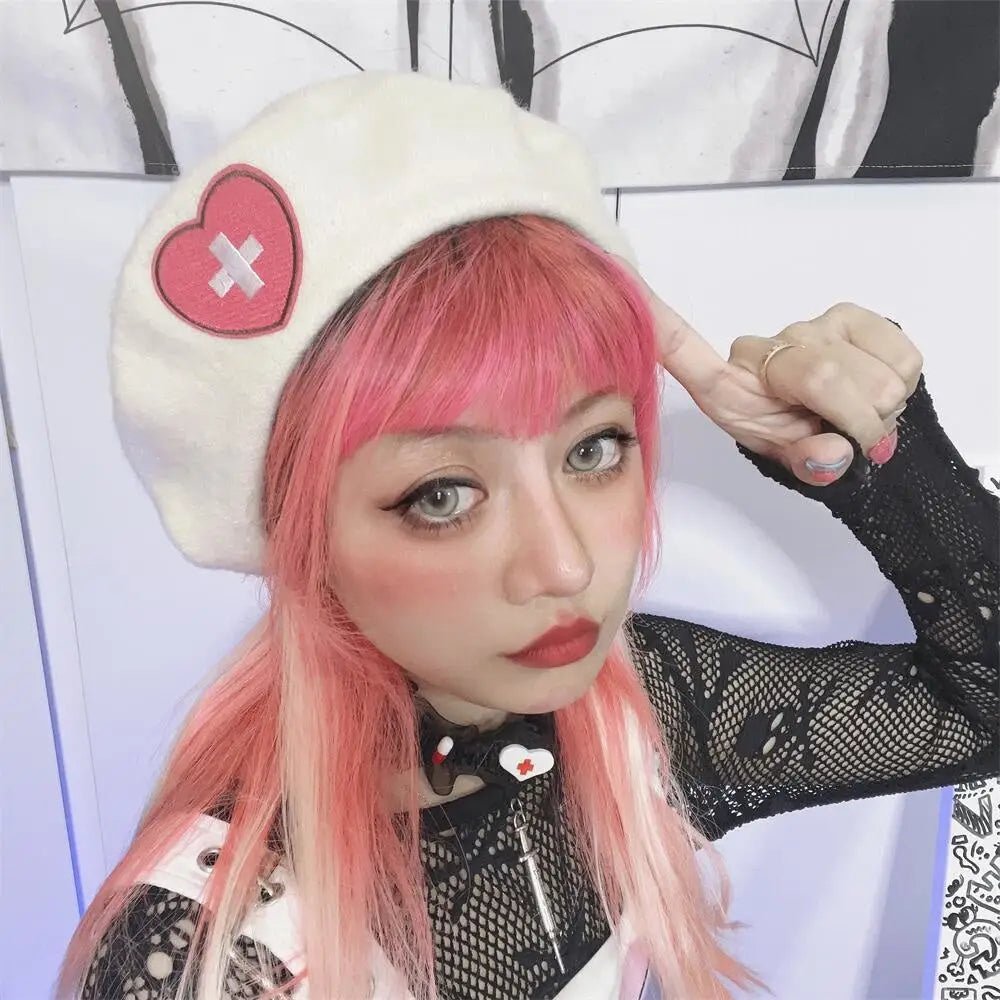 Pink Menhera Nurse Beret for Kawaii Fashion Enthusiasts - Cosparty