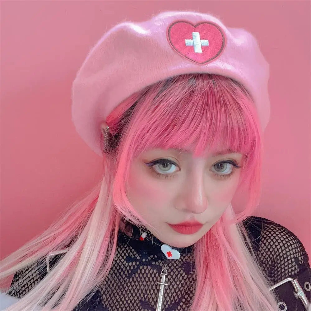 Pink Menhera Nurse Beret for Kawaii Fashion Enthusiasts - hat