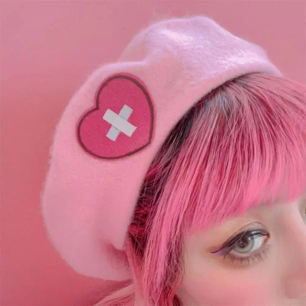 Pink Menhera Nurse Beret for Kawaii Fashion Enthusiasts - Cosparty