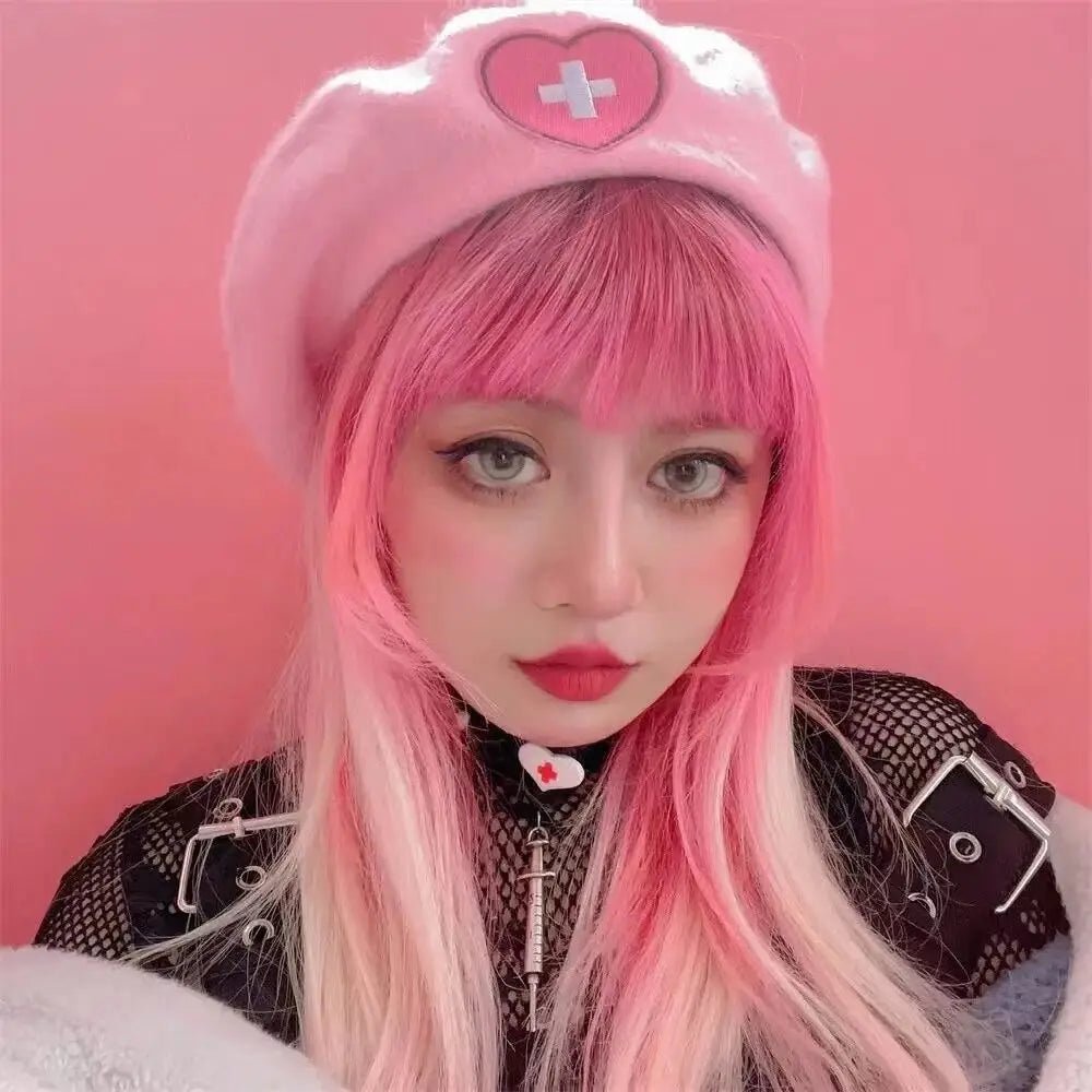 Pink Menhera Nurse Beret for Kawaii Fashion Enthusiasts - Cosparty