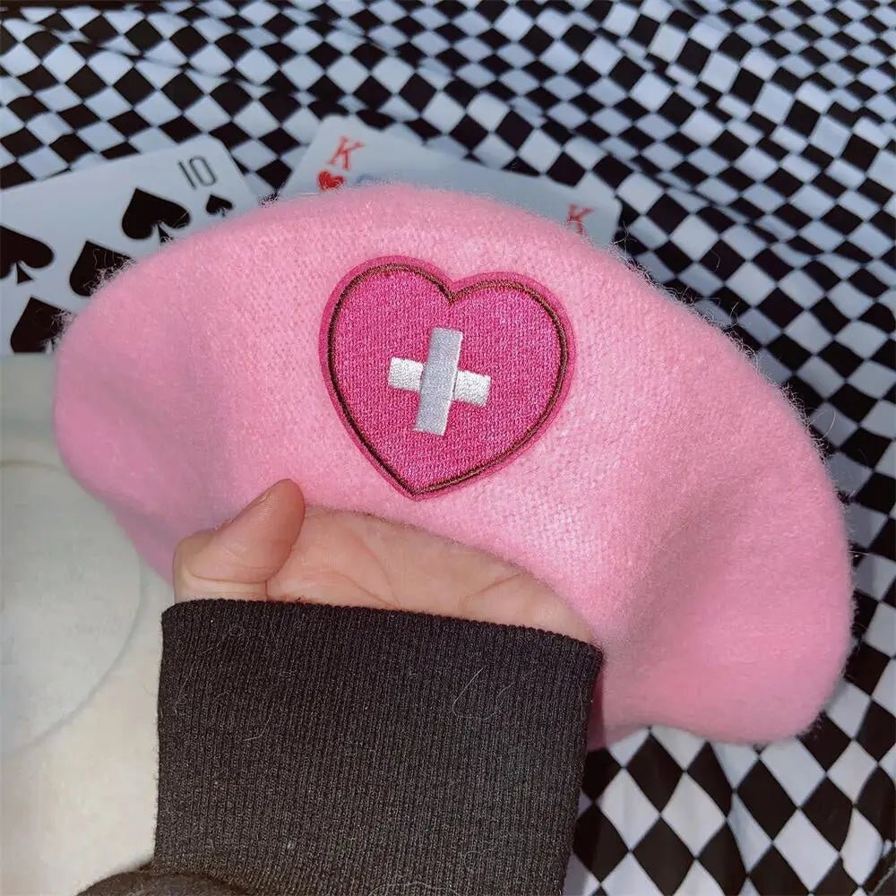 Pink Menhera Nurse Beret for Kawaii Fashion Enthusiasts - Cosparty