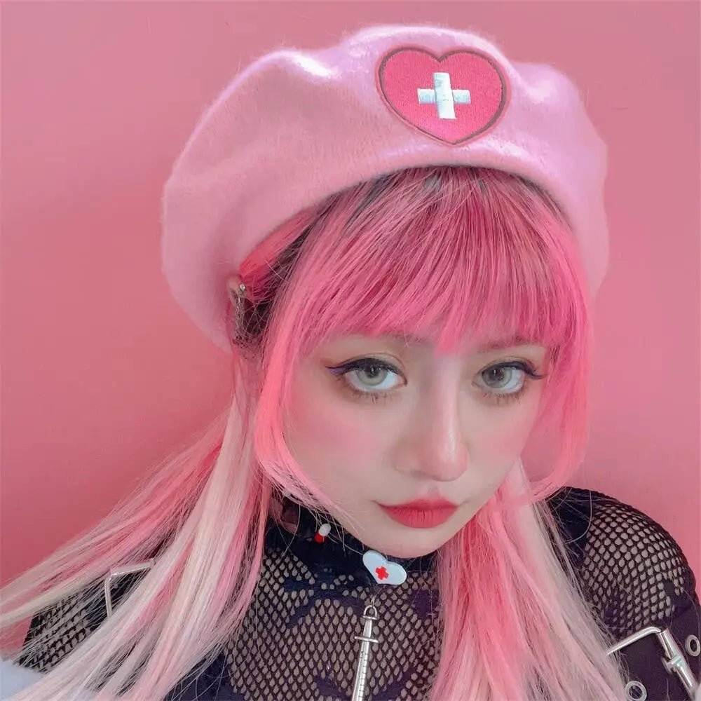 Pink Menhera Nurse Beret for Kawaii Fashion Enthusiasts - Cosparty