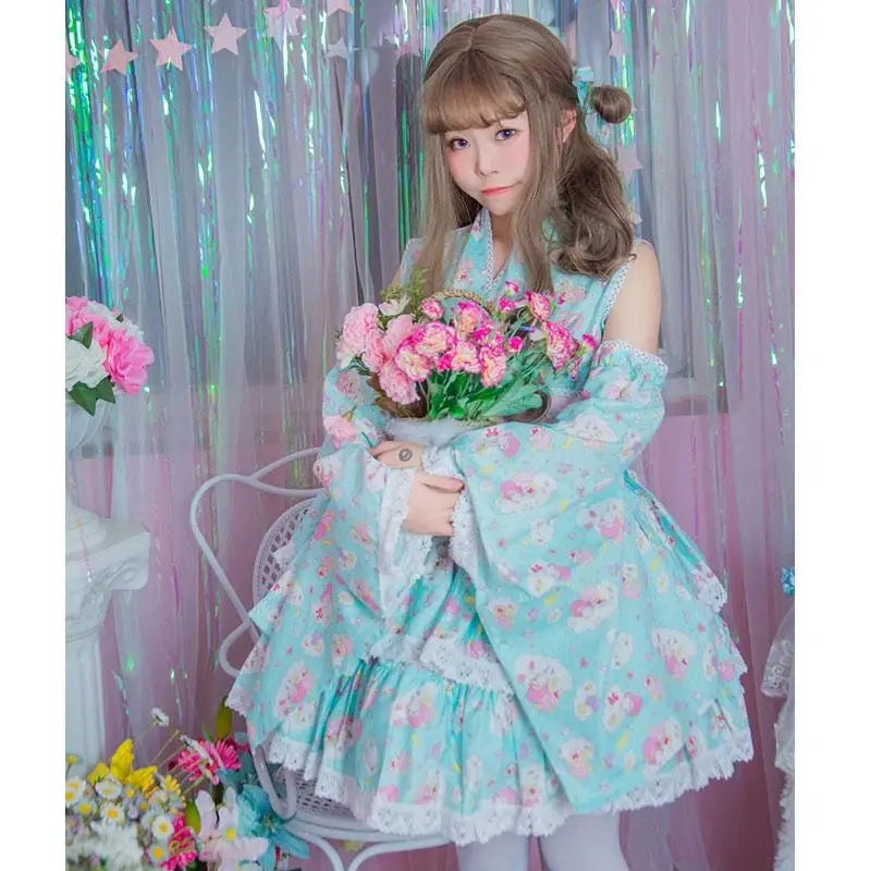 Pink or Blue Ruffled Lolita Kimono Dress with 55cm Skirt Length - dresses