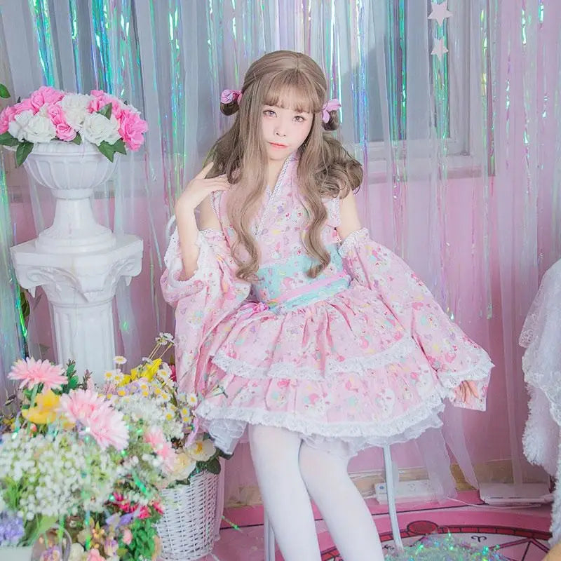 Pink or Blue Ruffled Lolita Kimono Dress with 55cm Skirt Length - dresses