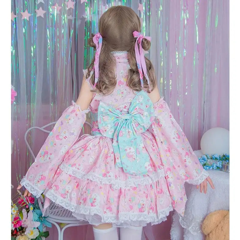 Pink or Blue Ruffled Lolita Kimono Dress with 55cm Skirt Length - dresses