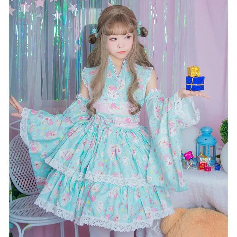 Pink or Blue Ruffled Lolita Kimono Dress with 55cm Skirt Length - dresses