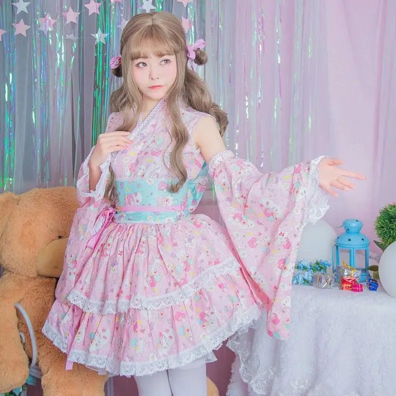 Pink or Blue Ruffled Lolita Kimono Dress with 55cm Skirt Length - Cosparty