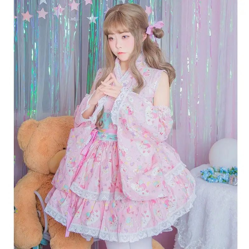 Pink or Blue Ruffled Lolita Kimono Dress with 55cm Skirt Length - Cosparty