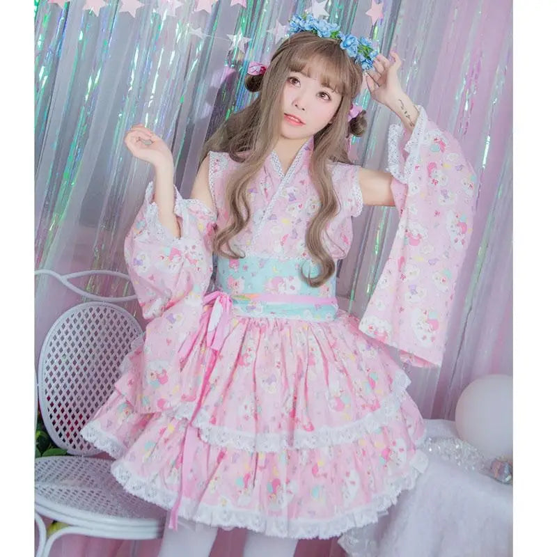 Pink or Blue Ruffled Lolita Kimono Dress with 55cm Skirt Length - dresses