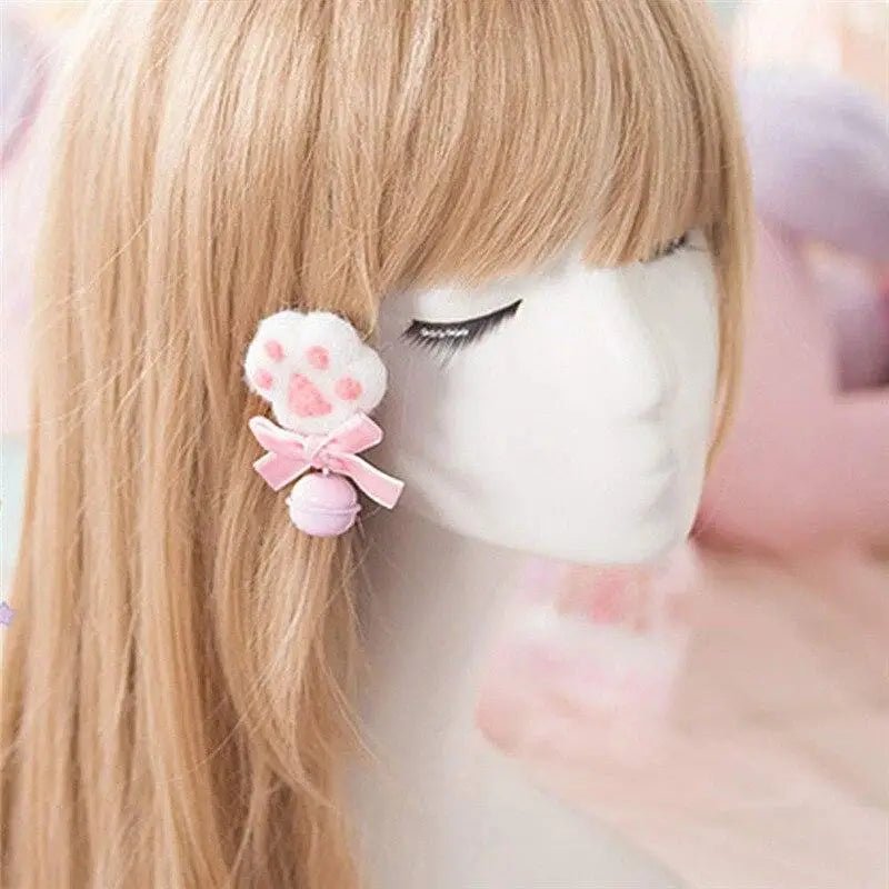Pink Paw Print Hair Clips with Bow and Bell - Cosparty