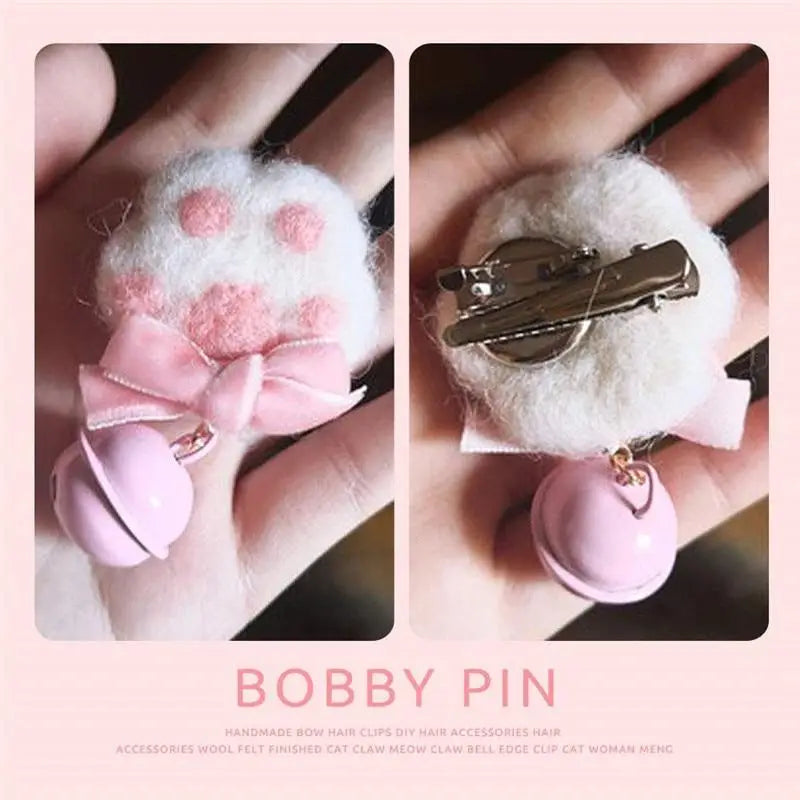 Pink Paw Print Hair Clips with Bow and Bell - jewelry