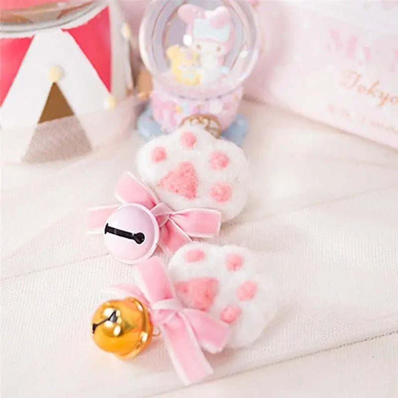 Pink Paw Print Hair Clips with Bow and Bell - Cosparty