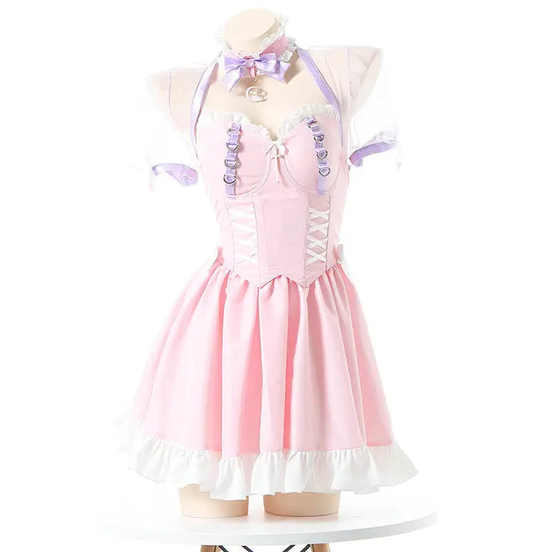 Pink Princess Maid Dress with Bows and Ruffles - dress