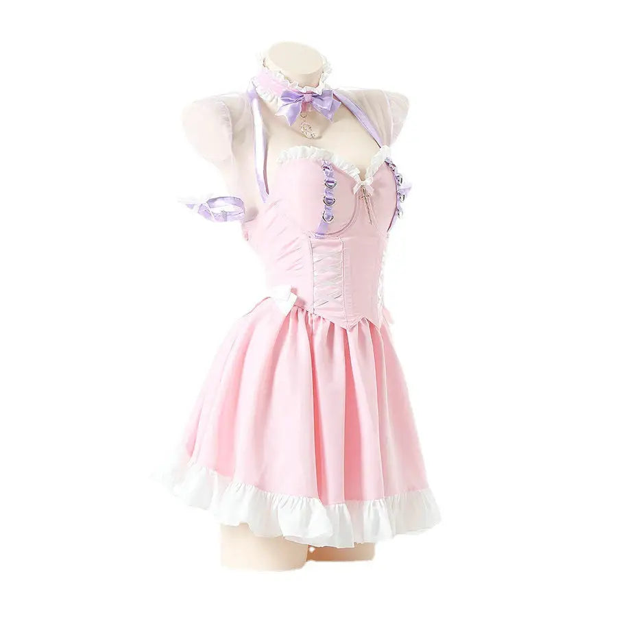 Pink Princess Maid Dress with Bows and Ruffles - dress