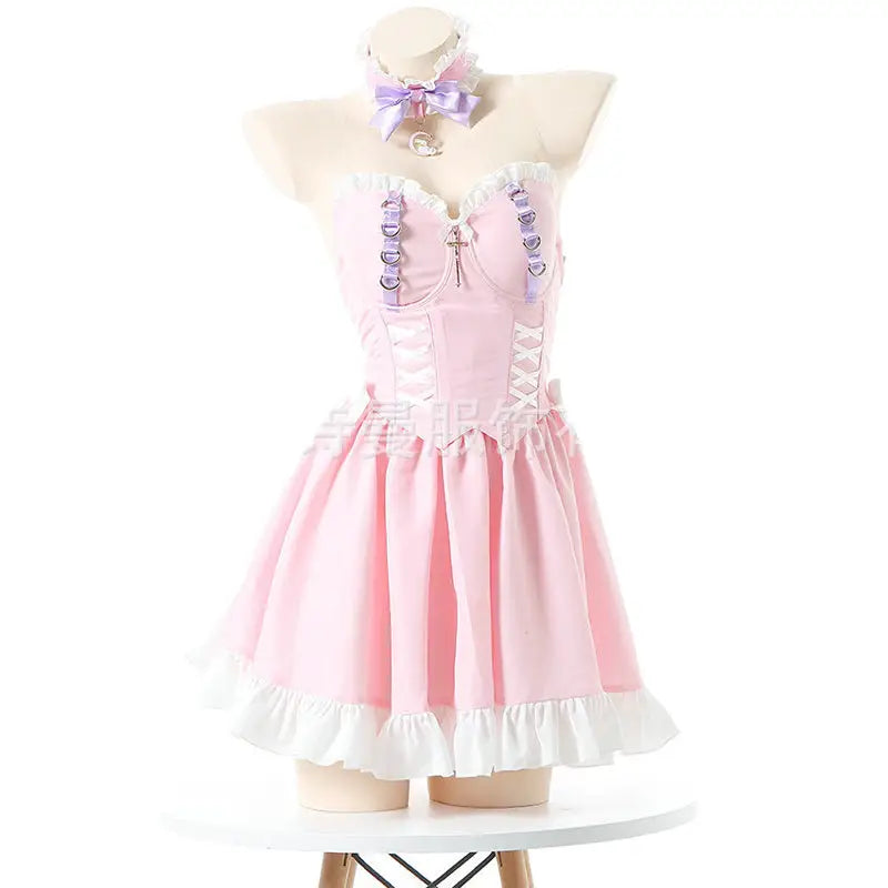 Pink Princess Maid Dress with Bows and Ruffles - dress