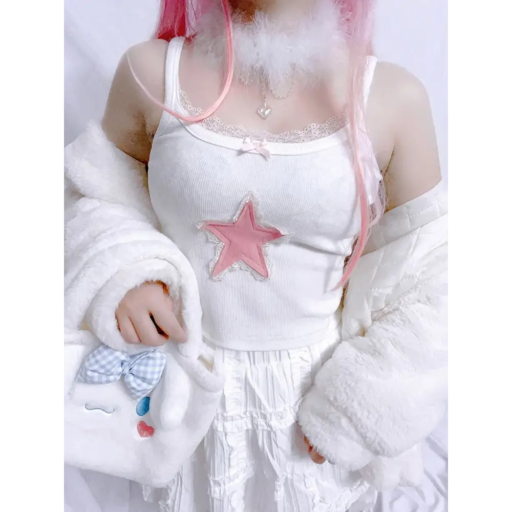 Pink Star Tank - angelcore, angelic, crop tops, faecore, fairycore Cosparty