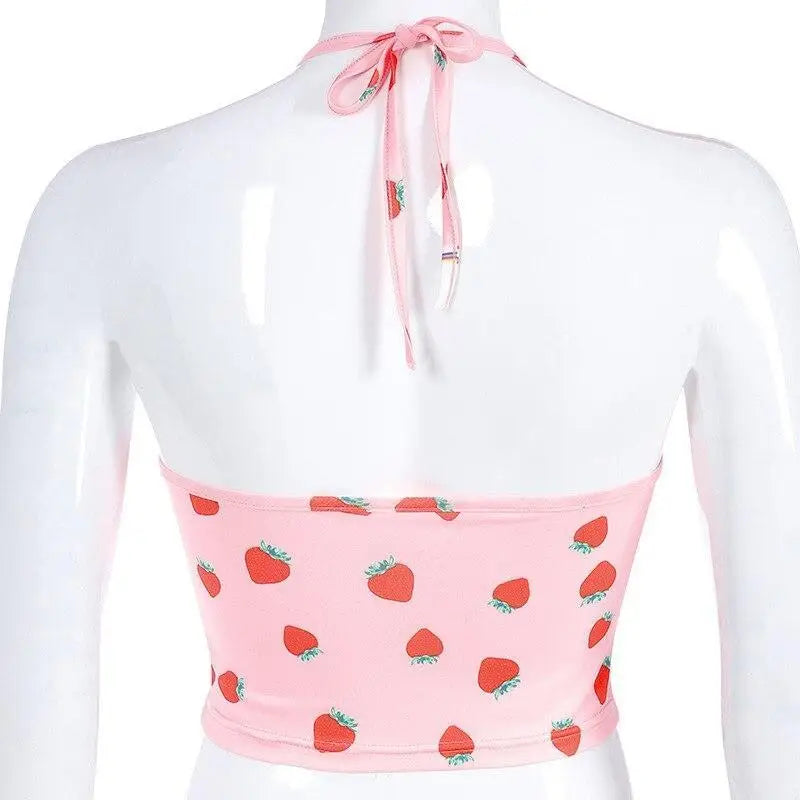 Pink Strawberry Patterned Halter Crop Top for Sweet Babes - top