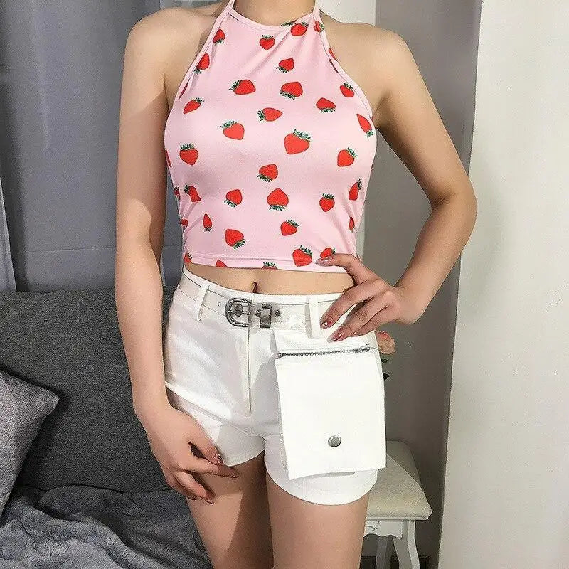 Pink Strawberry Patterned Halter Crop Top for Sweet Babes - top