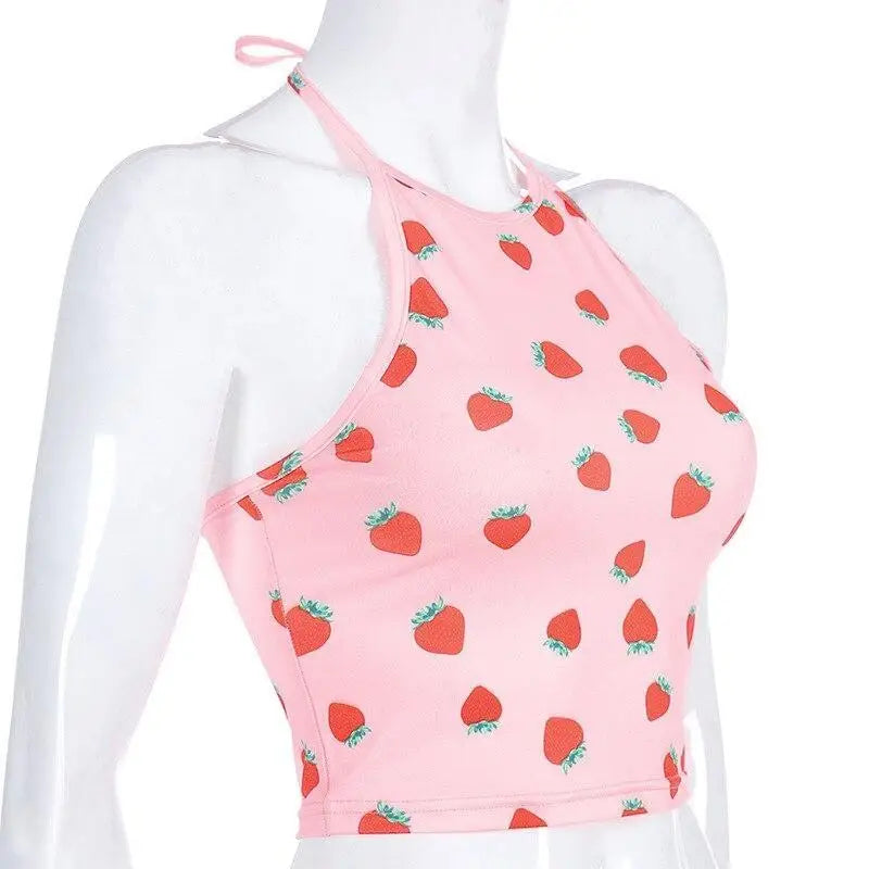 Pink Strawberry Patterned Halter Crop Top for Sweet Babes - top