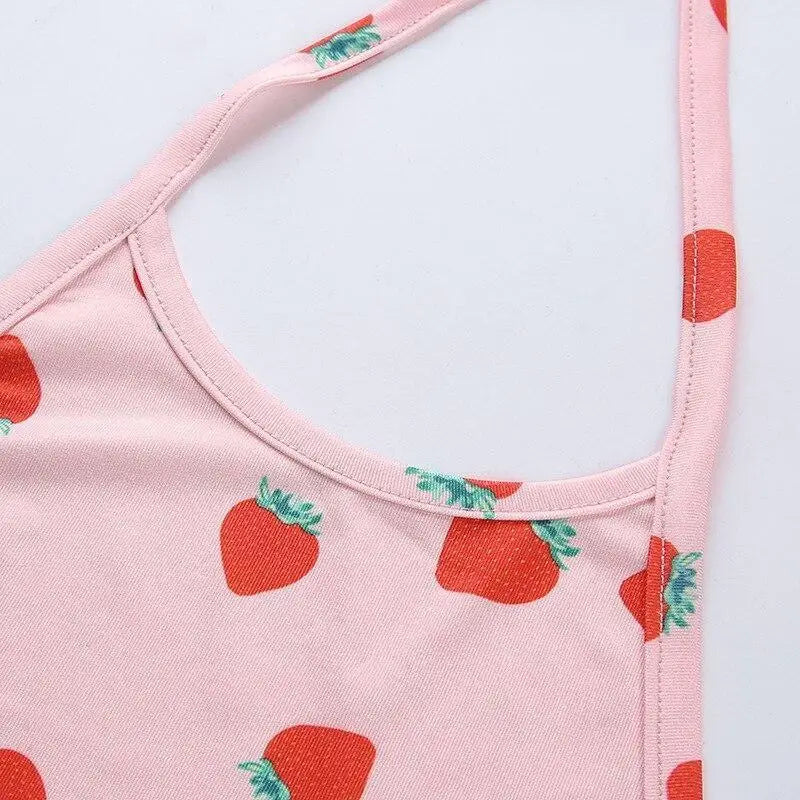 Pink Strawberry Patterned Halter Crop Top for Sweet Babes - top