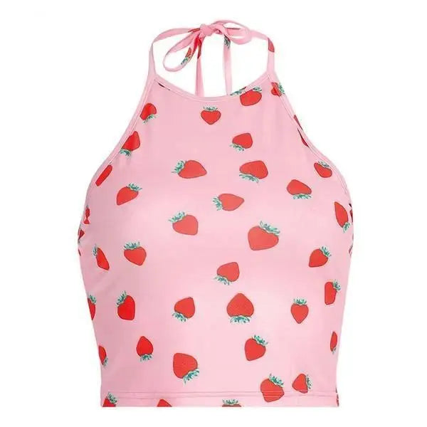 Pink Strawberry Patterned Halter Crop Top for Sweet Babes - top