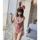 Pink Velour Ruffled Bunny Cosplay Bodysuit with Lace Trim and Ears - bodysuit