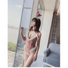 Pink Velour Ruffled Bunny Cosplay Bodysuit with Lace Trim and Ears - Cosparty