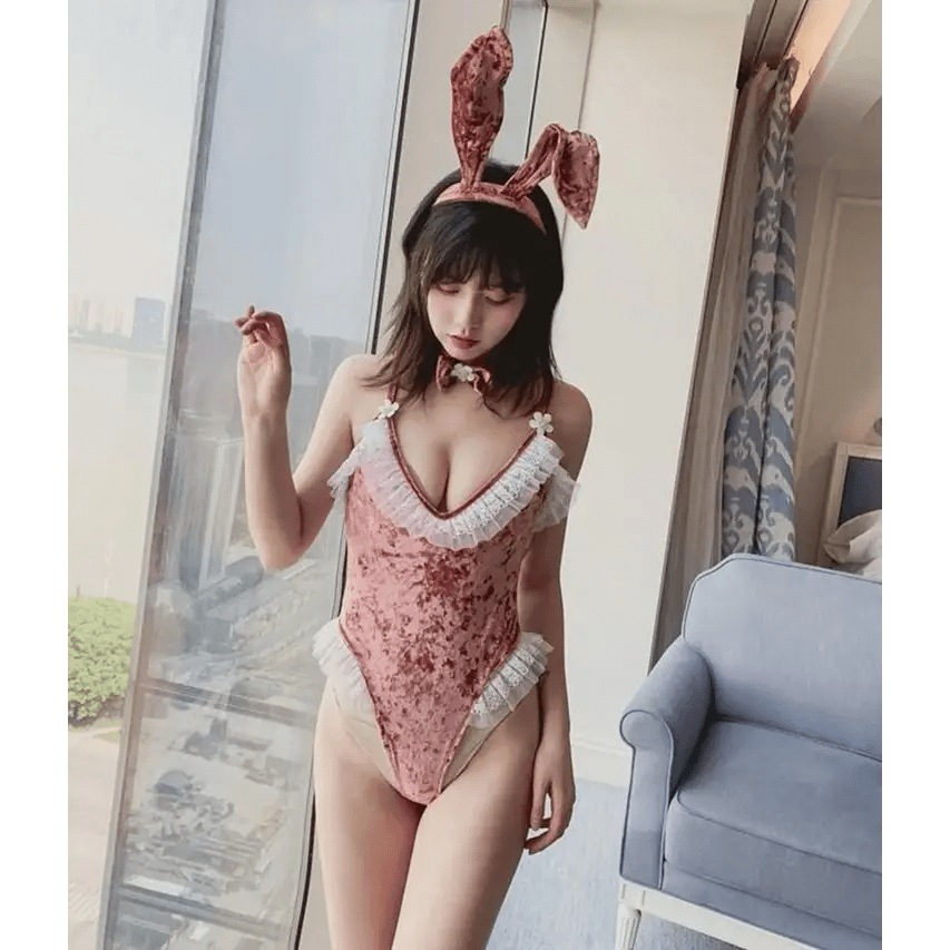 Pink Velour Ruffled Bunny Cosplay Bodysuit with Lace Trim and Ears - Cosparty