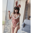 Pink Velour Ruffled Bunny Cosplay Bodysuit with Lace Trim and Ears - Cosparty