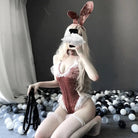 Pink Velour Ruffled Bunny Cosplay Bodysuit with Lace Trim and Ears - Cosparty