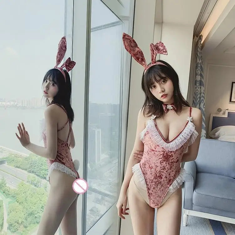 Pink Velour Ruffled Bunny Cosplay Bodysuit with Lace Trim and Ears - bodysuit