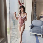 Pink Velour Ruffled Bunny Cosplay Bodysuit with Lace Trim and Ears - Cosparty