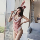 Pink Velour Ruffled Bunny Cosplay Bodysuit with Lace Trim and Ears - Cosparty