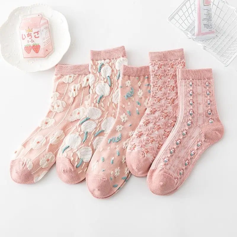 Pink Vintage Floral Socks for Kawaii and Fairycore Styles - Cosparty