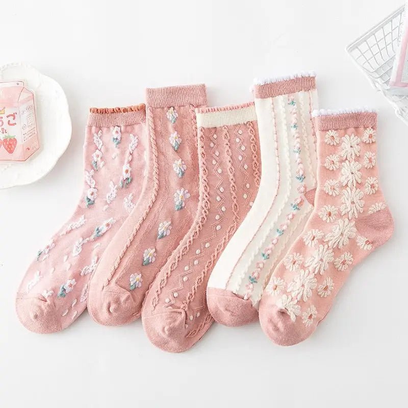 Pink Vintage Floral Socks for Kawaii and Fairycore Styles - Cosparty