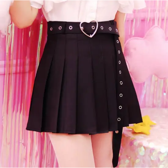 Black Pleated School Girl Skirt Kawaii Cute Fashion Harajuku Heart Buckle Belt