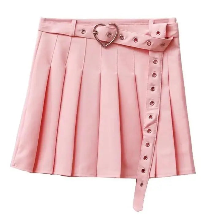 Pleated Buckled Skirt with Heart Design - Skirts