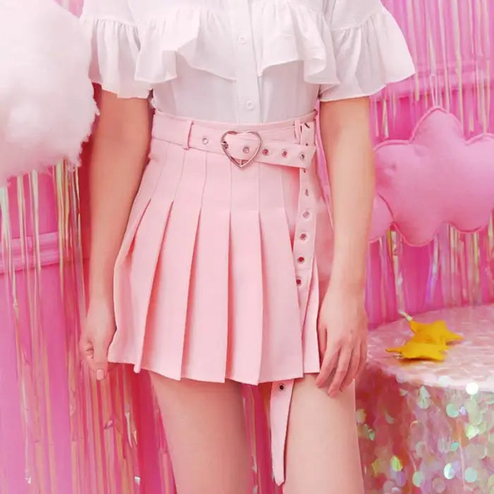 Pleated Buckled Skirt with Heart Design - Skirts