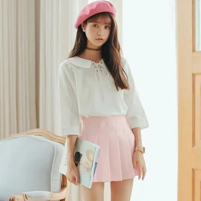 Pleated School Girl Skirt with Built - in Shorts for Chic Style - Cosparty