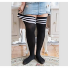 Plus-Size School Girl Thigh High Stockings in White Stripes or Solid Black - socks