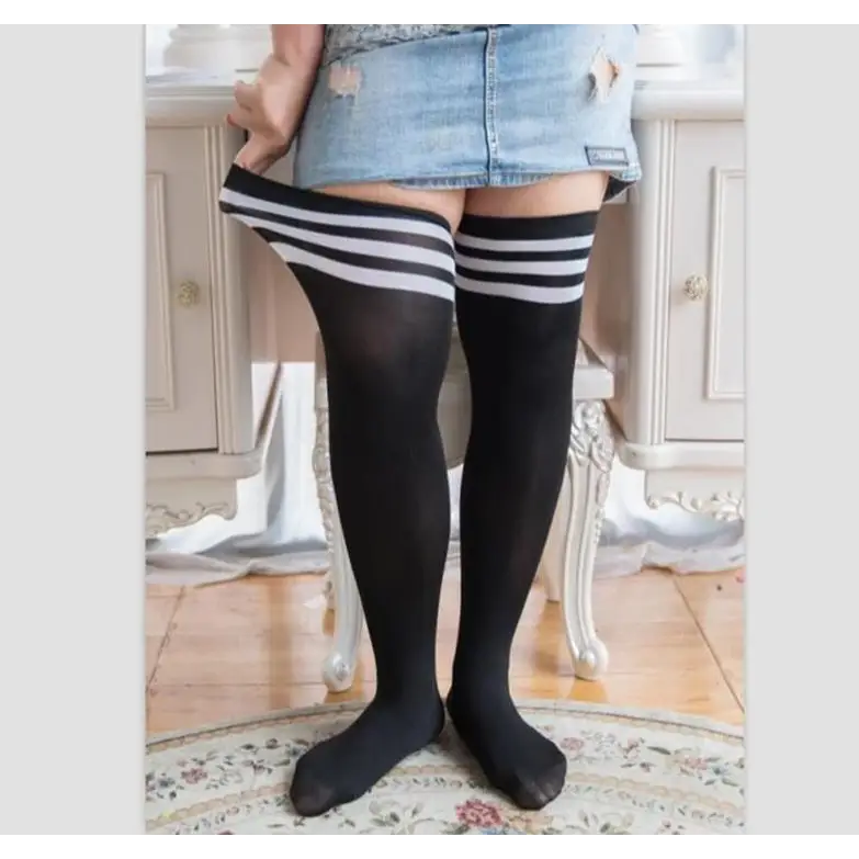 Plus-Size School Girl Thigh High Stockings in White Stripes or Solid Black - socks