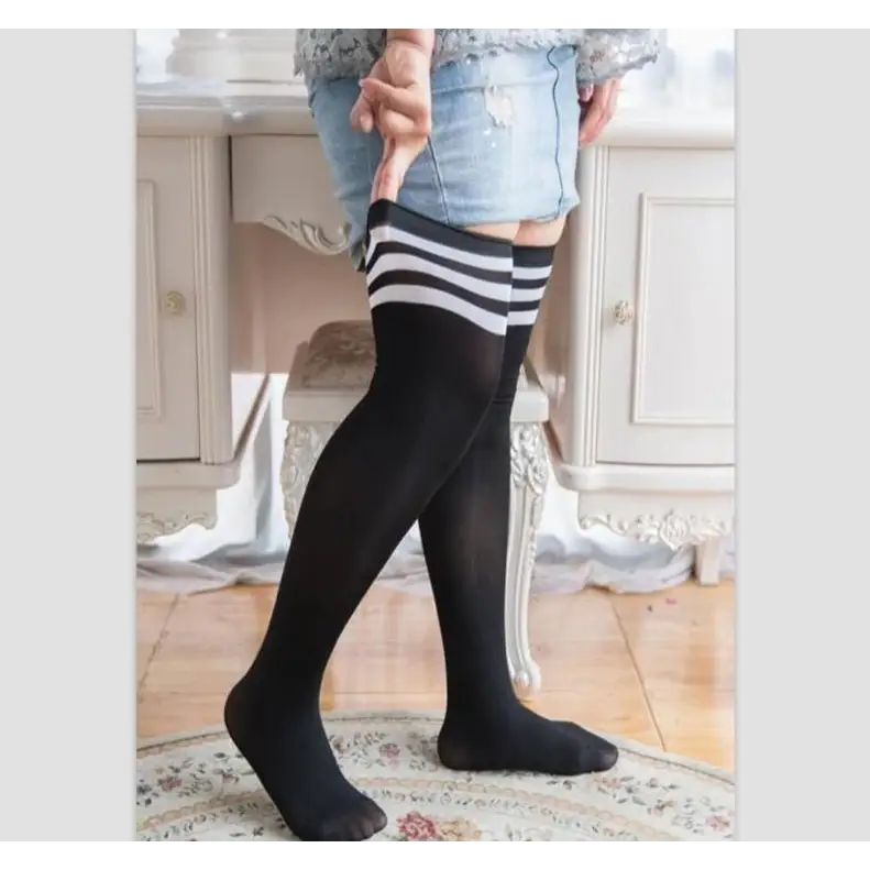 Plus-Size School Girl Thigh High Stockings in White Stripes or Solid Black - socks