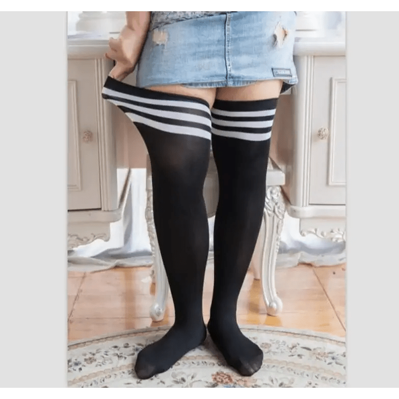 Plus - Size School Girl Thigh High Stockings in White Stripes or Solid Black - Cosparty